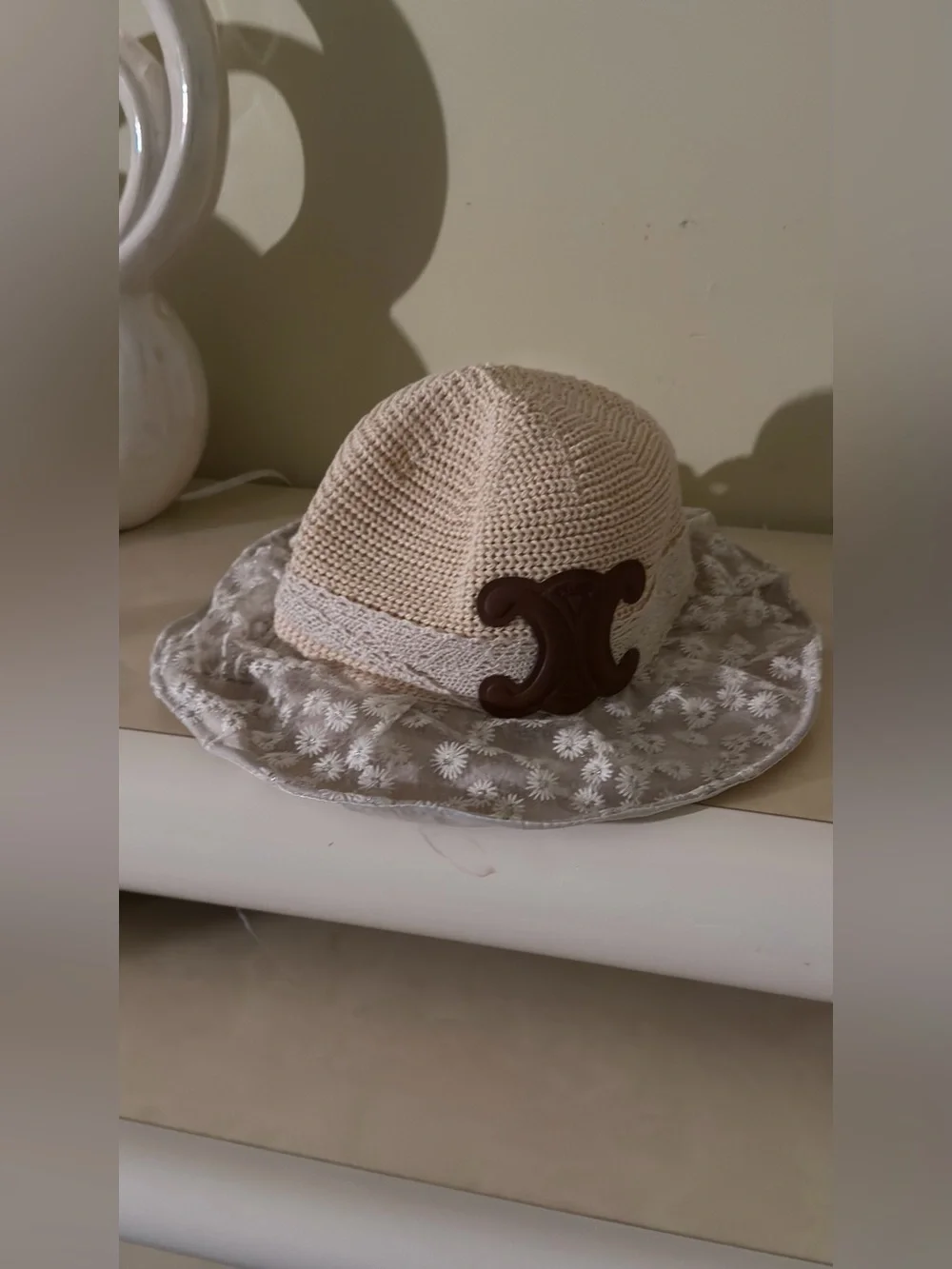 Beige Floral Lace Sun Hat with Brown Accent